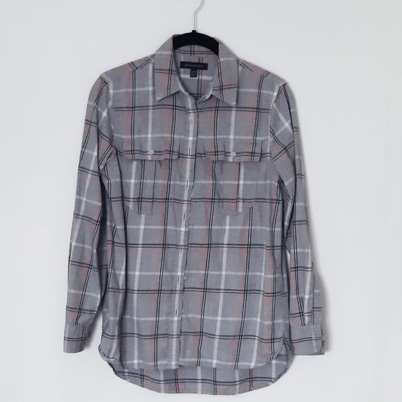 Banana Republic Women XS Plaid Shirt Cotton Button Down Long Sleeves Grey Orange - Picture 1 of 4